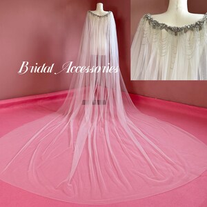 Wedding Tulle Cloak Shawl,Glitter Bridal Cape Veil,Beaded Crystal Shoulder Veil,Long Cathedral Shawl Wrap,Soft Tulle Cape