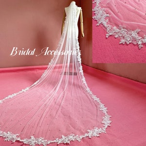 Pearl Lace Wedding Veil,Bridal Pearl Veil,Lace Cathedral Veil,Ivory Chapel Veil,Long Lace Veil,Single Layer Veil,Comb Veil