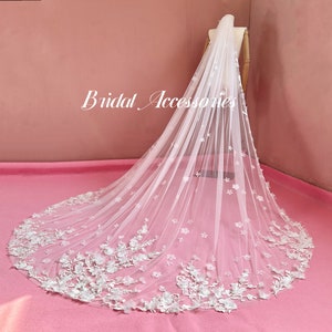 3D Floral Lace Fabric,Floral Lace Wedding Veil,White Bridal Veil,Long Wedding Veil,Cathedral Veil,Tulle Veil,Veil, Wedding Gift