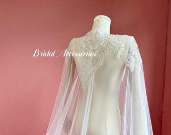 Wedding Cape Shawl,Glitter Bridal Cloak,Beaded Tulle Cape Veil,Wedding Capelet,Cathedral Shoulder Cape,Ivory Bridal Cover Up