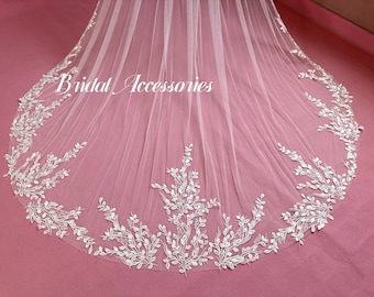 Leaf Lace Veil, White Veil, Bridal Lace Veil, Cathedral Veil, Lace Edge Veil, Floor Veil, Classic Veil, Wedding Gift