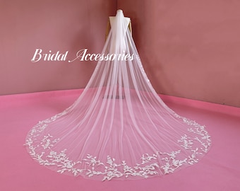 Ivory Leaf Lace Wedding Veil,Soft Bridal Veil,Floor Length Veil,Cathedral Veil,Ivory Bridal Leaf Veil,Tulle Veil