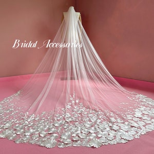 Velo da sposa in pizzo floreale 3D, Velo da sposa in pizzo floreale, Velo con punta delle dita, Velo di pizzo avorio, Velo corto, Velo da cattedrale, Velo di pizzo floreale ricamato