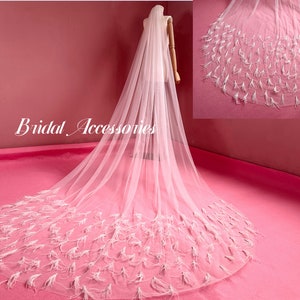 Bridal Feather Veil,Pearl Wedding Veil,Cathedral Veil,Ivory Veil,Single Layer Veil,Soft Wedding Veil,Long Chapel Veil,Single Tier Veil