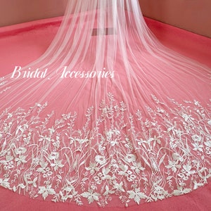 Flower Wedding Veil,Leaf Leaves Lace Veil,Bridal Cathedral Veil,Embroidery Veil,Long Ivory Veil,Single Layer Veil,Custom Veil