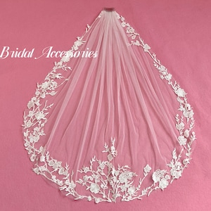 Floral Lace Wedding Veil,Embroidered Floral Veil,1 Layer Veil,Chapel Veil,White Veil,Fingertip Veil,Bridal Wedding Veil,Veil