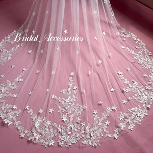 Embroidered Leaf Lace Bridal Veil, Floral Lace Wedding Veil, Fashion Veil, Cathedral Lace Veil, Ivory Wedding Veil, 1 Tier Veil