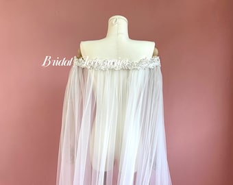 Wedding Cape Veil,Pearl Beaded Bridal Shawl,Women Tulle Cloak,Cathedral Shoulder Veil,Long Shawl Cloak,Bridal Cover Up