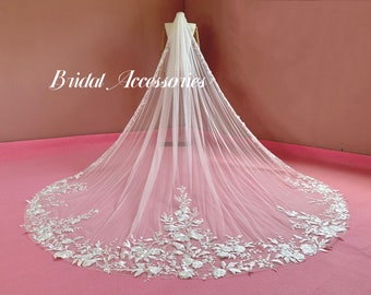 Floral Lace Veil,Embroidered Lace Wedding Veil,Cathedral Veil, Floral Bridal Veil,Royal Wedding Veil,Long Veil,Ivory Veil,Veil