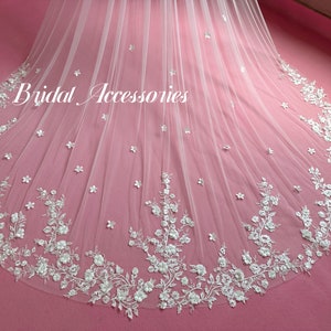 Floral Lace Wedding Veil, Cathedral Bridal Veil, Ivory Wedding Veil, Long Veil, Lace Veil, 3D Floral Lace Veil, Wedding Gift