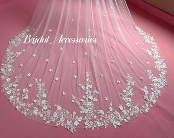 Floral Lace Wedding Veil, Cathedral Bridal Veil, Ivory Wedding Veil, Long Veil, Lace Veil, 3D Floral Lace Veil, Wedding Gift