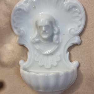 French Bisque Porcelain Holy water font with Jesus image