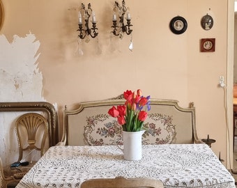 French Linen Tablecloth in Beige oval shape with Richelieu Embroidery, Bobbin Lace Insets and crochet