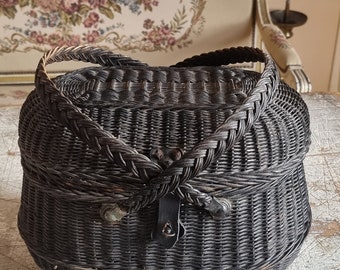 Very beautiful large antique blackened woven wicker basket called "Bressan" which in the french countryside was once used for the market