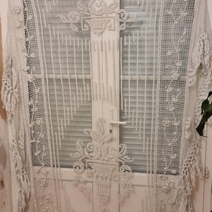 Stunning French Antique Fillet and lace bed cover with flowers pattern rare can be used as Tablecloth or as curtain panneling with tasles