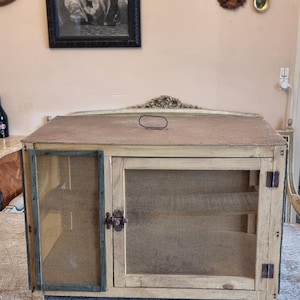 Puede incluir: Un pequeño mueble antiguo de madera con paneles frontales y laterales de malla. El mueble tiene un acabado marrón claro con molduras verdes y un pestillo de metal. Probablemente se utiliza para almacenamiento o exhibición.