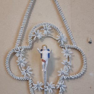 Antique French Beaded Mourning Wreath with Porcelain Angel, Glass Seed Beads
