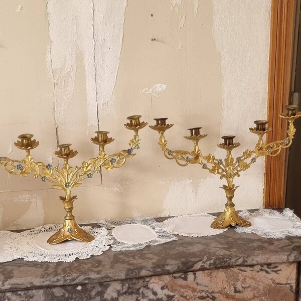 Increadible Set of 2 French Bronze 5 candles Altar Candelabras with handpainted blue flowers.Gothic design 1920-1930 France.