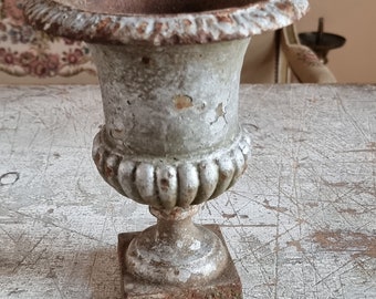 Rustic French Cast iron Medicis urn planter from XIX century in silver finish with most increadible patina