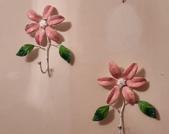 Increadible rare pair of two Toile hanpainted pink flowers hooks.
