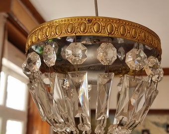 Prijs per 1!!!Antieke Franse messing plafonier/plafondlamp Montgolfière in Empire stijl met kristallen glazen druppeltjes