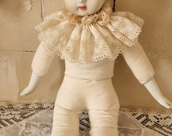 Beautifull French Brocante Doll With bisque porcelain head,hands,legs soft body with amazing lace details and original shoes