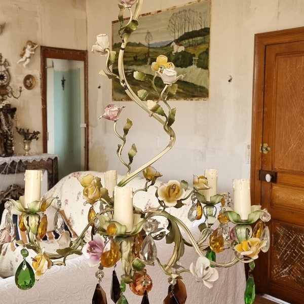 Italian handpainted multicolor Tole Chandelier with porcelain flowers and multicolor Crystal Droplets and beautifull pink crystal ball