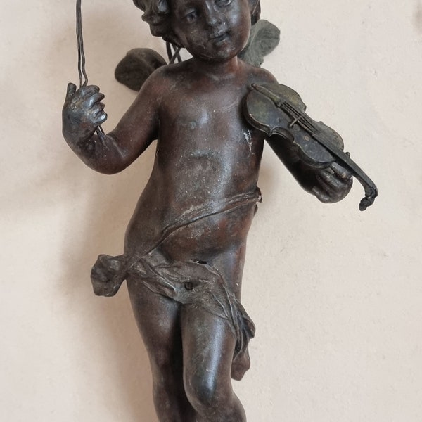 Antique French darkened bronze musical Cherub angel Putti