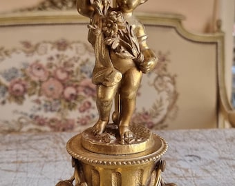 Bronze Cherub Angel Candle Holder, Roses Branch Decor, Art Nouveau Stand