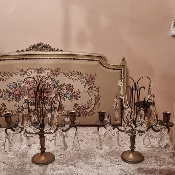 Stunning Set of Two French Bronze/Brass Two way Girandoles with Ormolu Crystal droplets