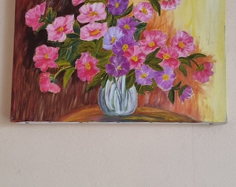 Belle peinture à l'huile française sur toile Fleurs dans un vase