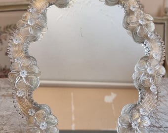 Vintage Murano Glass Mirror, Italian Venetian Floral Etched Glass, Circa 1950s