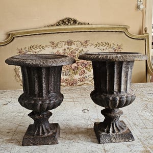 Set of 2 Small Cast Iron Medici Urn Planters, Rustic Brown matt Finish