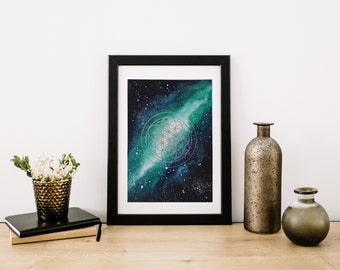 Watercolor Galaxy Painting, Wall art, Sacred Geometry Painting, Flower of Life, Custom Galaxy Painting, Artwork with Symbols and Meaning