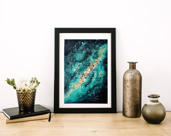 Watercolor Galaxy Painting, Wall art, Green/Pink Sacred Geometry Painting, Custom Galaxy Painting, Artwork with Symbols and Meaning