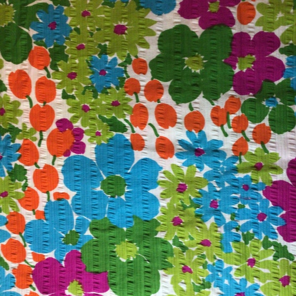 Loud and gorgeous vintage seersucker fabric in large bright flowers