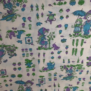 May include: White fabric with a repeating pattern of children, vegetables, and garden tools in shades of blue, green, and purple. The design includes carrots, radishes, and children with umbrellas and watering cans.