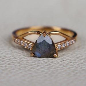 Può includere: Un anello d'oro con una gemma triangolare, iridescente, blu-grigia al centro. La fascia presenta piccole pietre di accento chiare e un design unico. L'anello è posto su uno sfondo neutro.