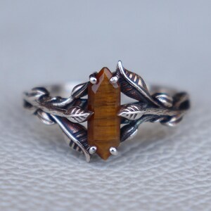 Genuine Hexagon Tiger's eye Long Bar Ring, 925 Sterling silver Nature Inspired Ring, Leaf & Branches Ring, Handmade Silver Ring