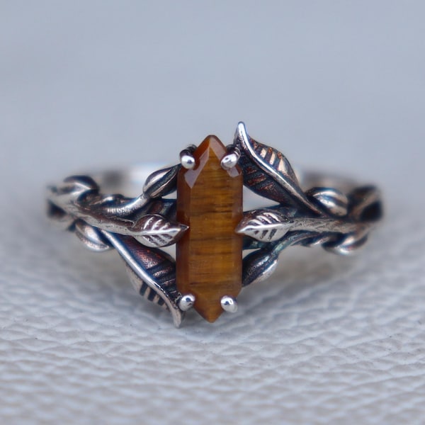 Genuine Hexagon Tiger's eye Long Bar Ring, 925 Sterling silver Nature Inspired Ring, Leaf & Branches Ring, Handmade Silver Ring