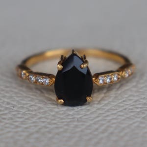 Genuine Black Onyx Ring, 18k Gold Filled 925 Sterling Silver Ring, Women&#39;s Engagement Ring, Drop Stone Wedding Ring, Dainty Birthday Gift