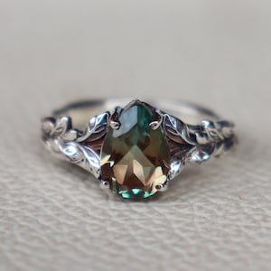 Vintage Teal Green Sapphire Ring, Solid 925 Sterling Silver, Green Sapphire Art Deco Prong Ring, September Birthstone Gift, Nature Ring