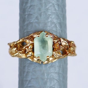 Natural Prehnite Gemstone Ring, Sterling Silver Yellow Gold Ring, Nature Inspire Ring, Statement Ring, Natural Prehnite Gemstone Jewelry