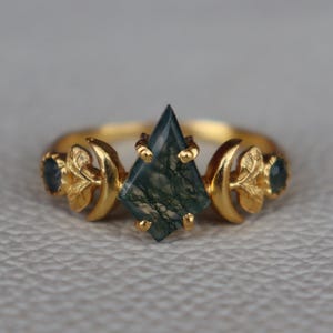 Moss Achat Ring Kite Cut, Silber Blume Ring, himmlischen Ring, 925 Sterling Silber Ring, Blätter Ring, Eheringe, jubiläum Ring