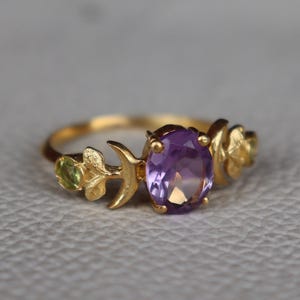Genuine Amethyst Peridot Ring, Three Stone Solitaire Ring, 18k Rose Gold, 925 Sterling Silver Ring, Handmade Half Moon Ring, Gift Her