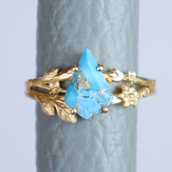 Anillo de cobre y turquesa ~ Piedra preciosa ~ Natural ~ Bañado en oro de 18k ~ Hecho a mano ~ Estilo bohemio ~ Piedra de nacimiento de diciembre ~ Anillo inspirado en la naturaleza ~ Joyería de regalo