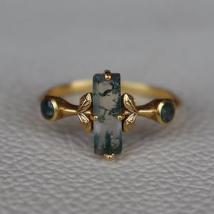 Natural Bar Moss Agate Ring, 18k Gold Plated 925 Sterling Silver Ring, Multi Ring, Leaf Women's Ring, Moss Agate Jewellery, Anniversary