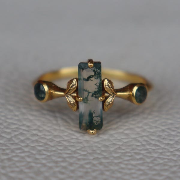 Natural Long Bar Moss Agate 18k Gold Ring, Multi Moss Agate Ring, Leaf Vines Women's Ring, Moss Agate Gift Ring, Anniversary, Nature Ring