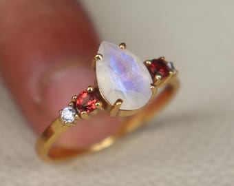 Pierścionek z naturalnym granatem księżycowym, 14-karatowe złoto vermeil, pierścionek zaręczynowy, pierścionek ze srebra próby 925, ręcznie robiony pierścionek z pojedynczym kamieniem, prezent na rocznicę dla niej