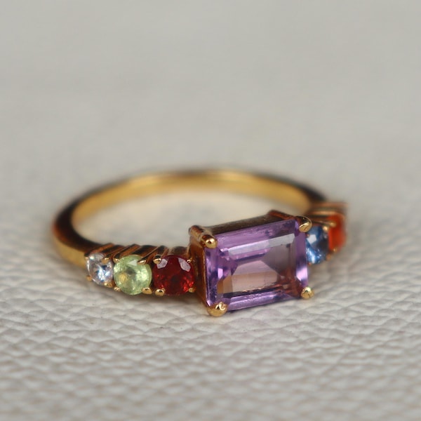 Genuine Amethyst Peridot Garnet Topaz Carnelian Ring, Solitaire 14K Gold Filled Ring, Multistone Gold Ring, Anniversary Ring, Gift Ring